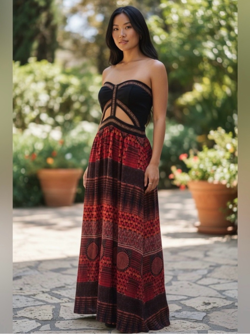 Sans Souci Bohemian Red Patterned Maxi Skirt - Women